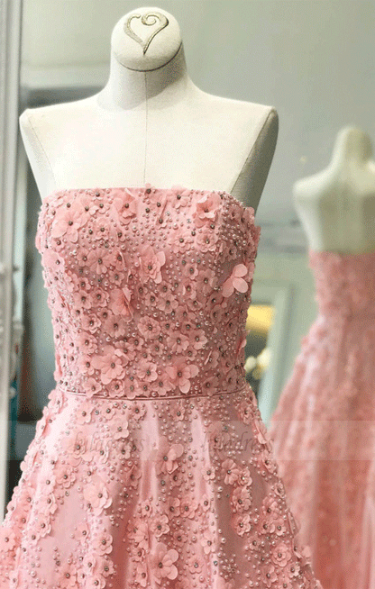 Beaded Appliqued Pink Long Prom Dresses Quinceanera Dress