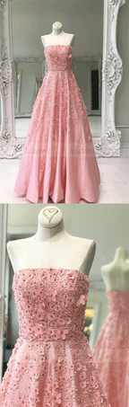Beaded Appliqued Pink Long Prom Dresses Quinceanera Dress