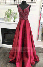A-line V-neck Beaded Bodice Burgundy Satin Long Prom Dresses