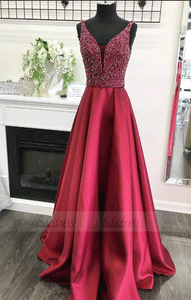 A-line V-neck Beaded Bodice Burgundy Satin Long Prom Dresses,BW97112