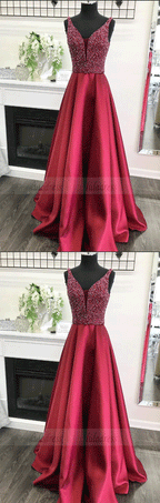 A-line V-neck Beaded Bodice Burgundy Satin Long Prom Dresses