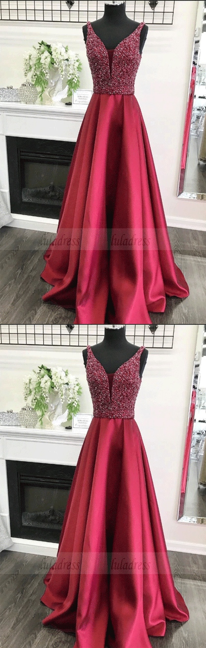 A-line V-neck Beaded Bodice Burgundy Satin Long Prom Dresses