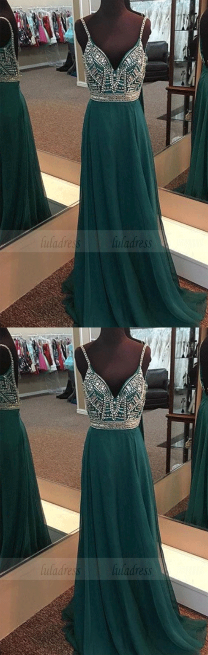 V-neck Spaghetti Strap Chiffon Long Beaded Prom Dresses