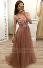 V Neck Sleeveless Tulle Long Prom Dresses with Beading