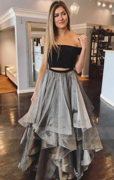 Gray Two Pieces Prom Dress, Gray Tulle Evening Dress, BW97575