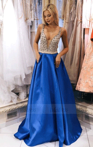 Royal Blue Satin Long Prom Dress with Beading Top, BW97580