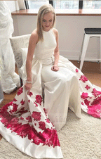 Mermaid Crew Sleeveless Sweep Train White Printed Detachable Prom Dress