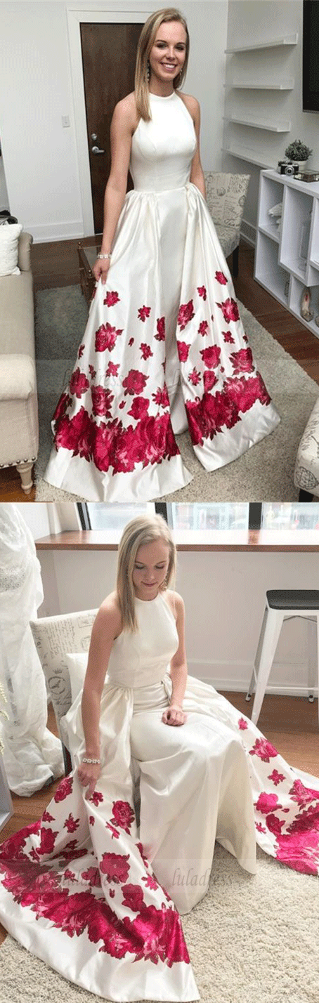 Mermaid Crew Sleeveless Sweep Train White Printed Detachable Prom Dress