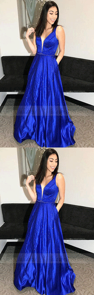 A-Line V-Neck Floor-Length Royal Blue Prom Dress with Beading,BW97047
