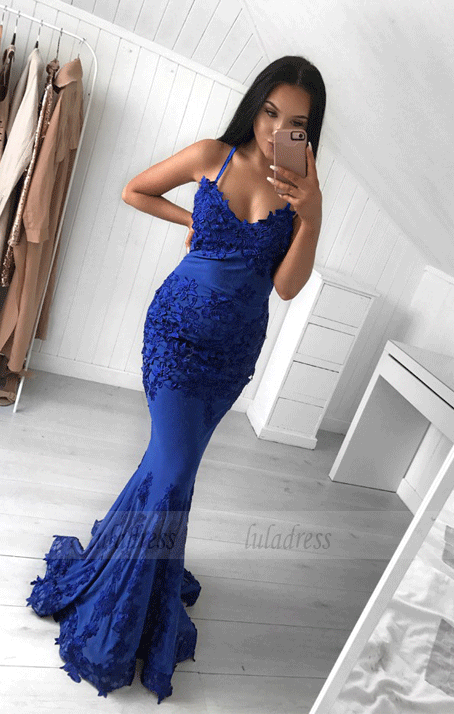 Mermaid Spaghetti Straps Royal Blue Prom Dress with Appliques,BW97048