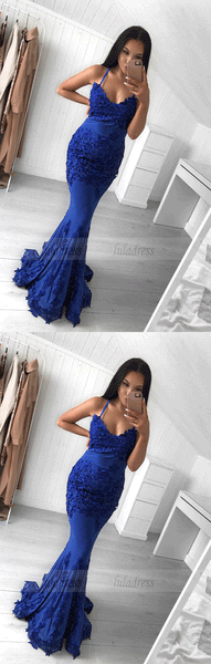 Mermaid Spaghetti Straps Royal Blue Prom Dress with Appliques,BW97048
