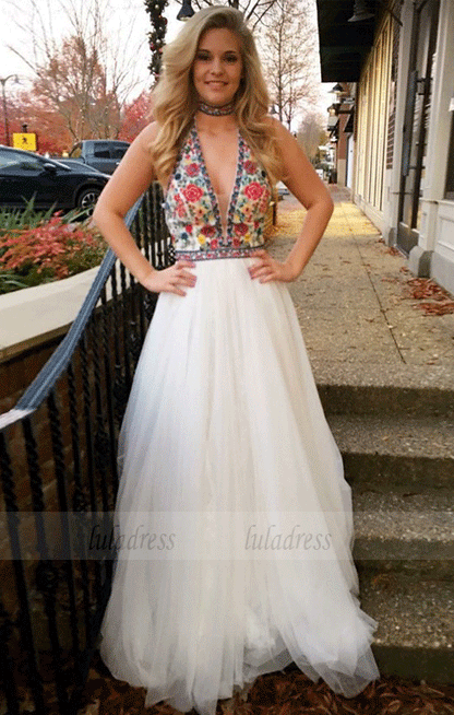 A-Line Deep V-Neck Floor-Length White Prom Dress with Embroidery