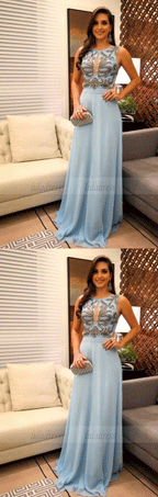 A-Line Round Neck Floor-Length Blue Chiffon Prom Dress with Appliques