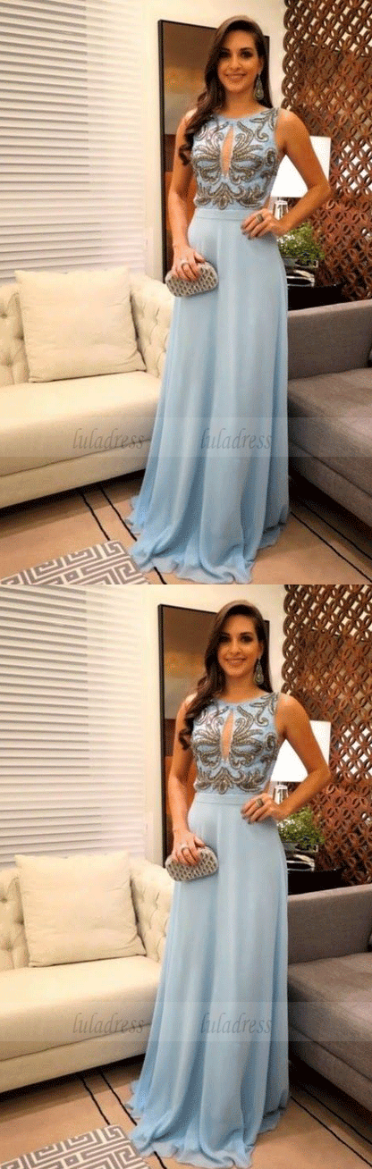 A-Line Round Neck Floor-Length Blue Chiffon Prom Dress with Appliques