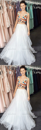 A-Line V-Neck Floor-Length White Prom Dress with Embroidery