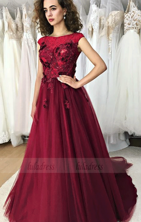 Charming Red Tulle Applique Lace Prom Dress, BW97681