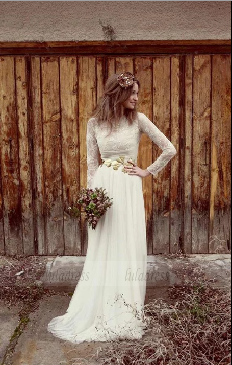 Long Sleeve Lace Appliques White Wedding Dresses