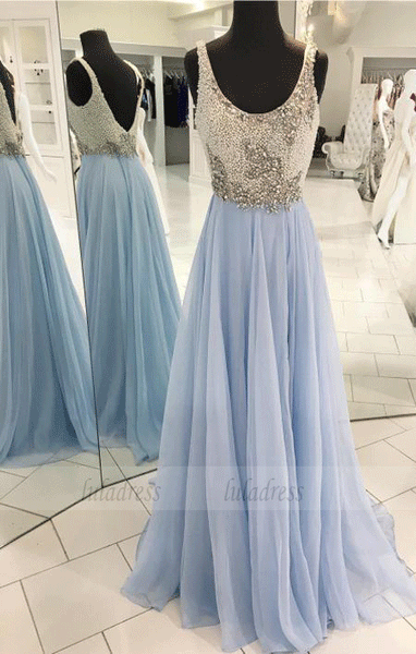 A-Line Scoop Sweep Train Chiffon Backless Prom Dress with Beading,BW97100