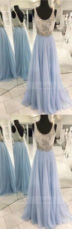 A-Line Scoop Sweep Train Chiffon Backless Prom Dress with Beading