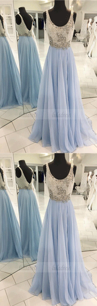 A-Line Scoop Sweep Train Chiffon Backless Prom Dress with Beading,BW97100