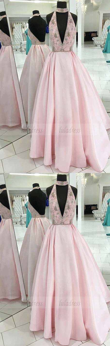 High Neck Sweep Train Keyhole Backless Prom Dress with Beading