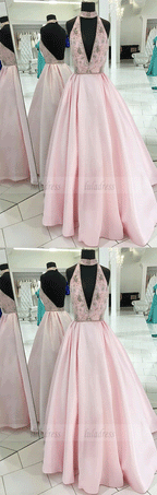 High Neck Sweep Train Keyhole Backless Prom Dress with Beading