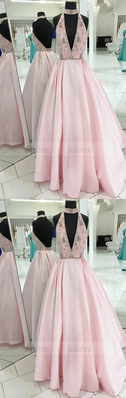 High Neck Sweep Train Keyhole Backless Prom Dress with Beading