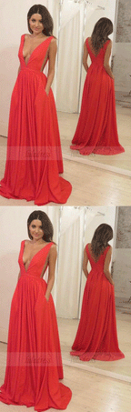 V-Neck Sweep Train Chiffon Backless Prom Dress with Pockets