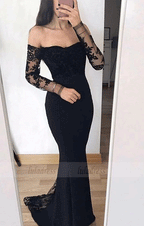 Mermaid Off-the-Shoulder Long Sleeves Black Prom Dress with Appliques