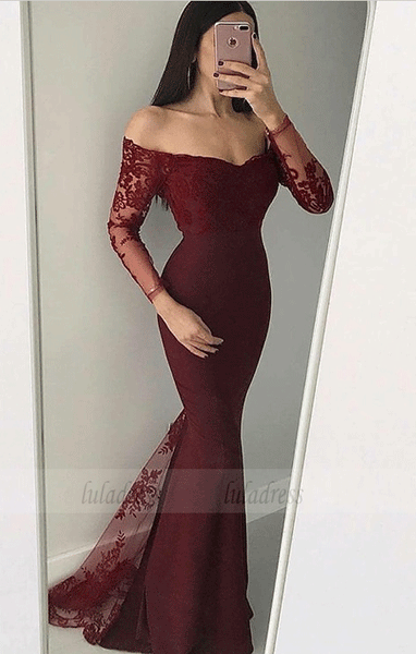 Mermaid Off-the-Shoulder Long Sleeves Black Prom Dress with Appliques,BW97057