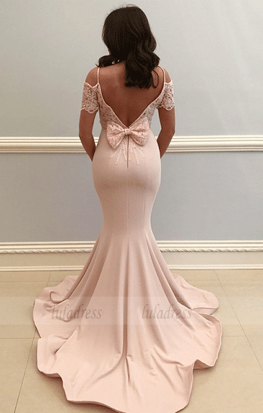 Mermaid Spaghetti Straps Cold Shoulder Pink Prom Dress with Lace,BW97058