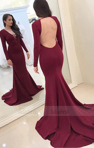 Mermaid Deep V-Neck Backless Sweep Train Burgundy Prom Dress,BW97059