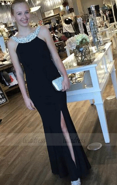 Special Black Prom Dress - Jewel Sleeveless Floor-Length Beaded with Leg slit,BW97062