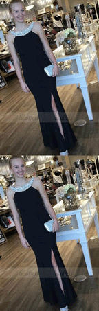 Special Black Prom Dress - Jewel Sleeveless Floor-Length Beaded with Leg slit