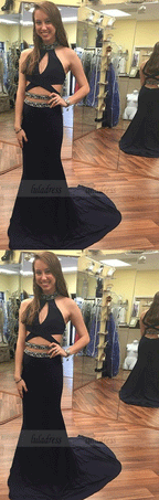 Two Piece Round Neck Sweep Train Prom Dress with Beading