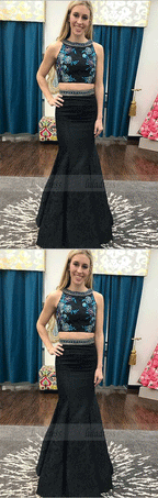 Round Neck Floor-Length Black Prom Dress with Embroidery