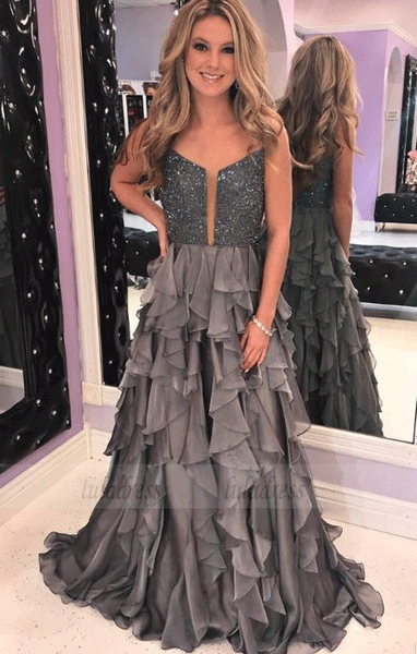 Sparkly Sequins Prom Dresses Sexy Neckline Plunging V Neck A Line Chiffon Pleats Evening Gowns,BW97477