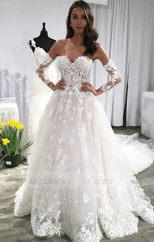 A Line Long Sleeves Lace Appliques Beads Sweetheart Long Wedding Dresses,BW97481