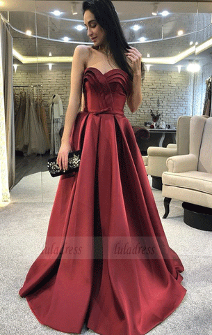 A-Line Sweetheart Sweep Train Dark Red Prom Dress with Ruffles,BW97482