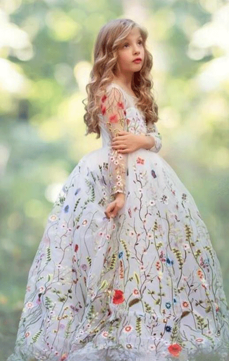 Embroidery Flowers Sheer Long Sleeves Flower Girl Dresses For Wedding Children Handmade Kids Party Dress,BD98929