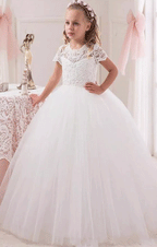 Short Sleeve Flower Girl Dress, Kids Prom Dress, Lace Flower Girl Dress, Flower Girl Dresses