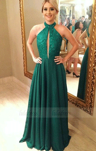 A-Line Sweep Train Green Keyhole Open Back Prom Dress with Beading Lace