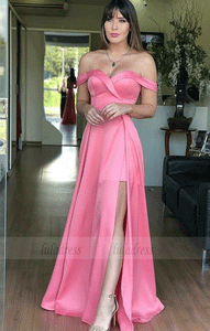A Line Off the Shoulder Floor Length Pink Satin Prom Dress with Split,BW97469