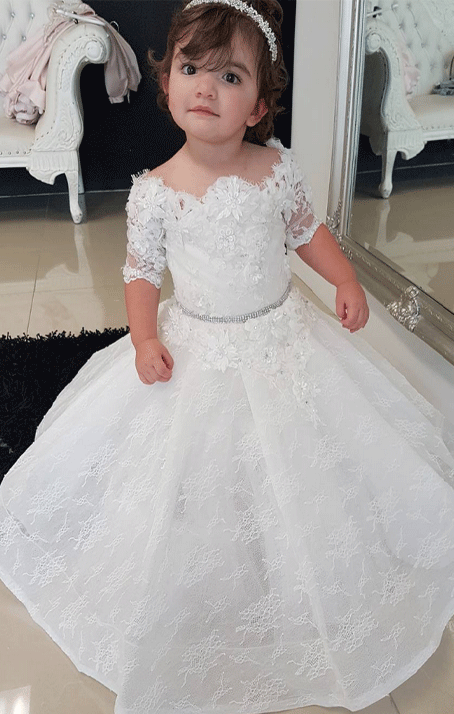 Half Sleeves Fluffy Lace Flower Girl Dress with Flowers