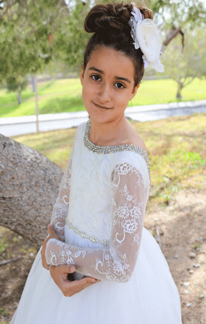 Princess Long Sleeves Backless Flower Girl Dresses Lace Beads Kids First Communion Dress Girls Pageant Birthday Party Dresses