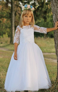 Lovely First Communion Dresses for Girls Half Sleeves Flower Girl Dresses,Girl Pageant Gown Appliques Lace Toddler Holy Communion Dresses for Wedding,BD98840