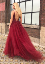 Burgundy v neck tulle long prom dress,burgundy evening dress