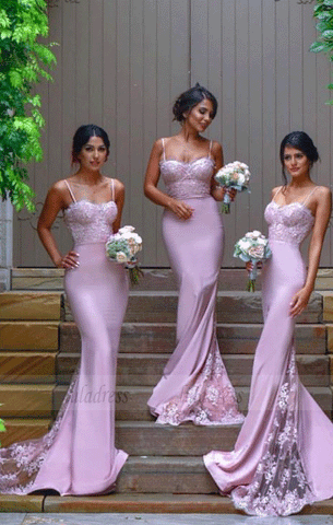 Gorgeous Spaghetti Straps Mermaid Lace Backless Long Bridesmaid Dress, BW97690