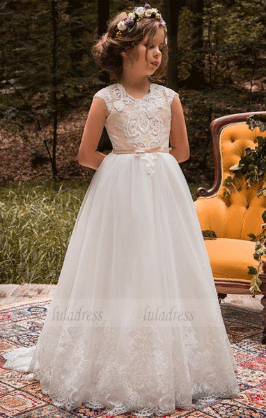 Chic Tulle Jewel Neckline Cap Sleeves A-line Flower Girl Dresses With Beaded Lace Appliques & Belt, BW97700