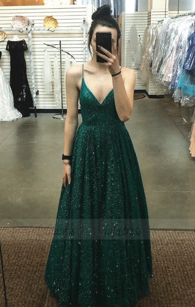 A Line V Neck Spaghetti Straps Backless Dark Green Prom Dresses, BW97595